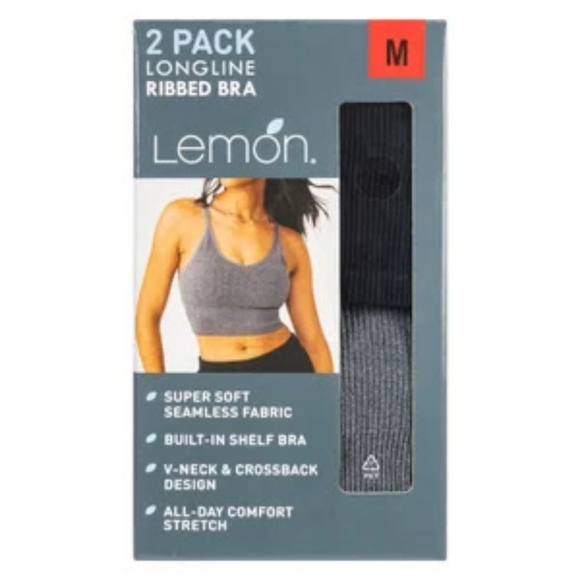 Lemon Women's Ribbed Longline Bra, 2-pack - Picture 1 of 2